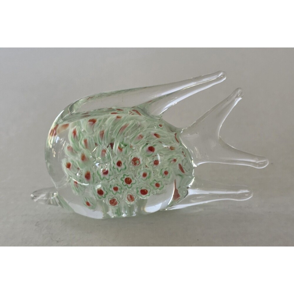Hand Blown Art Glass Angel Fish Paperweight Green Red Millefiori